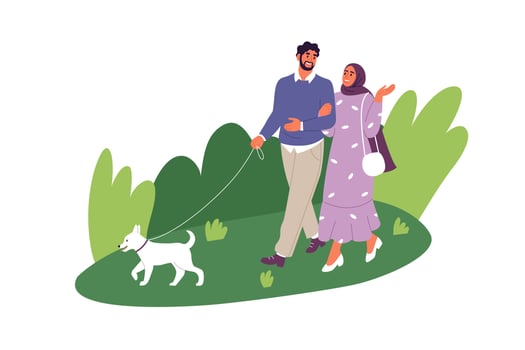 Happy muslim couple walking a dog. Flat vector illustration.