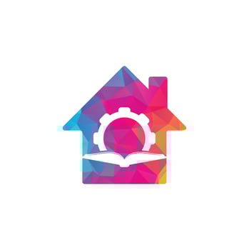 Gear Book home shape concept logo design template. Book and gear logo design vector
