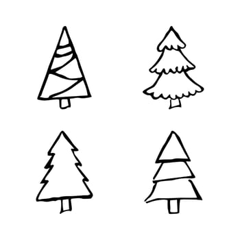 Hand drawn Christmas trees. Set of four monochrome sketched illustrations of firs. Winter holiday doodle elements. Vector illustration