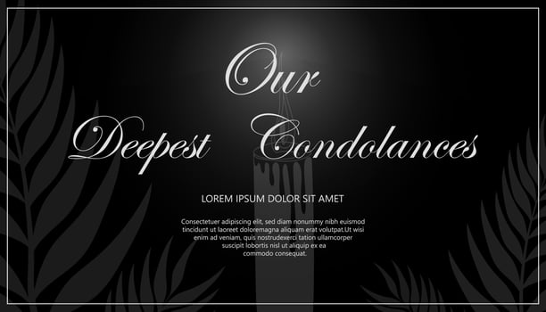 Condolences card template. Text, branches, candle. Horizontal banner. Vector illustration on the black background.