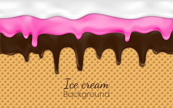 Realistic drip ice cream or frozen yogurt on waffle background. Syrup sweet liquid, glossy cream border, molten texture 3d vector illustration Melted white and cocoa icing or sweet sauce drop on wafer