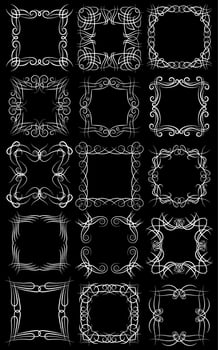 Set of fifteen square white monogram elements on a black background. Vector illustration.