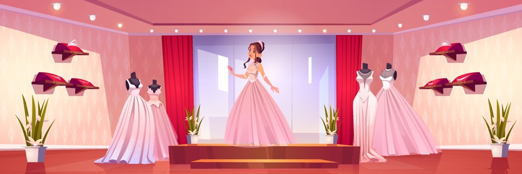 Beautiful bride fit wedding dress in bridal shop vector