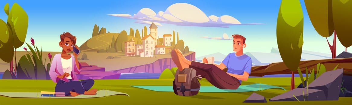 Mediterranean landscape with people having picnic vector