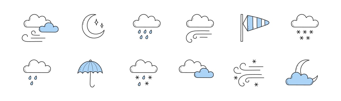 Weather icons, meteorology forecast signs vector