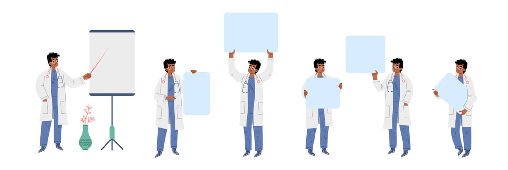 Doctor make presentation and hold empty banners vector