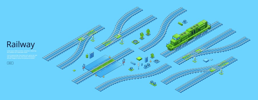 Isometric locomotive, railway, rail track elements vector