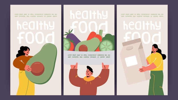 Healthy food posters with vegetables and milk box vector