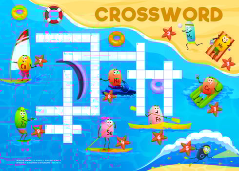 Crossword quiz game grid, cartoon vitamin on beach vector