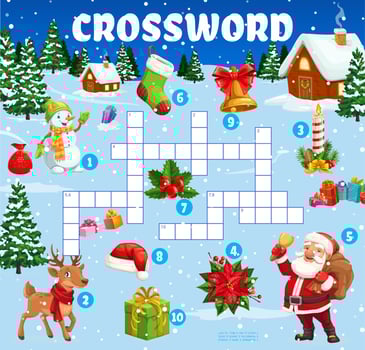 Christmas crossword quiz game, vector xmas grid