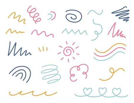 Collection of colorful fun doodle line. Cute vector illustration. Doodle swash thin line.
