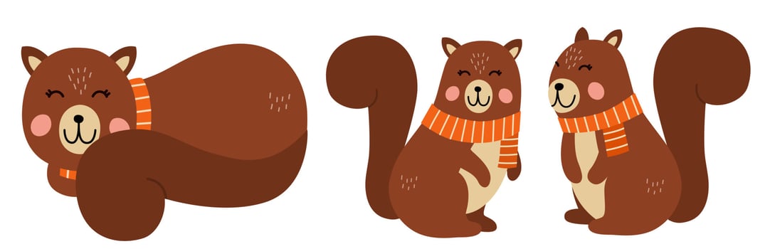 Brown Squirrel Vector Illustration Set. Autumn Squirrel wearing Scraft. Adorable Animal.