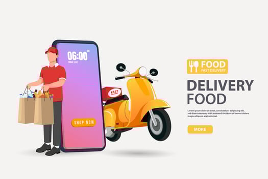 Delivery food boy handing package food with seeing customer location map on mobile phone. food ordering and delivery concept with yellow scooter vector