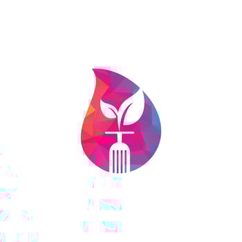 Healthy food drop shape concept logo template. Organic food logo with spoon and leaf symbol. vector