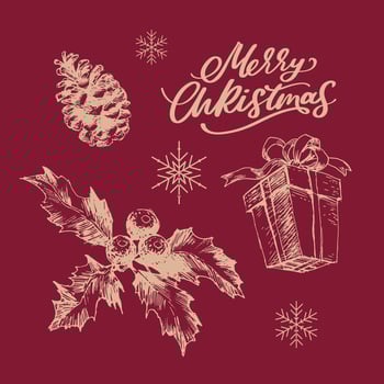 Merry Christmas. Happy New Year, 2023. Typography set. Vector logo, emblems, text design. Usable for banners, greeting cards, gifts etc.