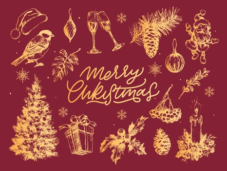 Merry Christmas. Happy New Year, 2023. Typography set. Vector logo, emblems, text design. Usable for banners, greeting cards, gifts etc.