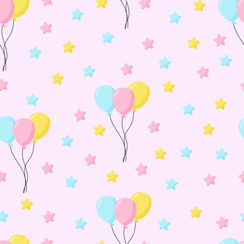 Seamless  background with party balloons of different colors ideal for baby shower.Air balloons vector seamless pattern.  Design for home decor, textile, kitchen decor. Pink background