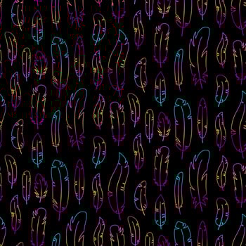 Seamless pattern dark colorful outline feathers, retro hippie style background. For vintage fabric, textile, wallpaper, wrapping paper. vector