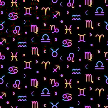 Zodiac signs seamless colorful neon background with crescent and moon, astrological pattern. Horoscope symbols gradient texture. vector
