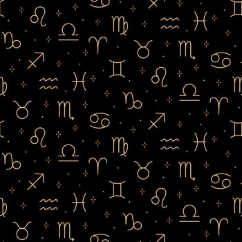Astrology seamless pattern with gold zodiac sings and stars. Horoscope symbols space background. vector