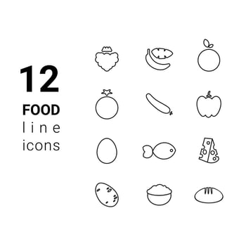 Vector illustration dietary nutrition food outline icon set - strawberry, banana, orange, tomato, cucumber, bell pepper, egg, fish, hard cheese, potato, oatmeal, bread Healthy eating concept