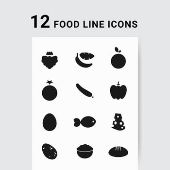 Vector illustration dietary nutrition food outline icon set - strawberry, banana, orange, tomato, cucumber, bell pepper, egg, fish, hard cheese, potato, oatmeal, bread Healthy eating concept