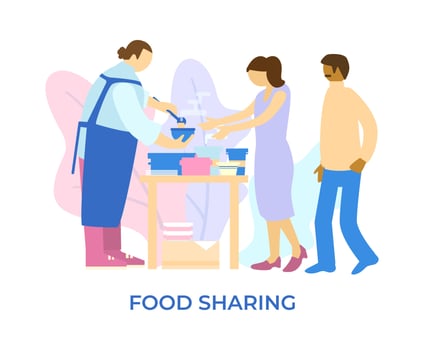 Vector illustration of a volunteer pouring the soup to needy people. Food donation process. Sharing economy concept.