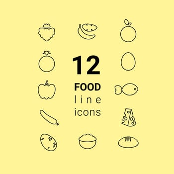 The dietary nutrition food outline icon set fruits and vegetables with egg, fish, hard cheese, oatmeal, and bread. Healthy eating concept vector illustration