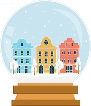 Glass snow ball with cozy houses inside isolated on white background. Christmas souvenir. Vector illustration in flat style.