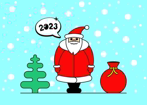 Cute cartoon kawaii Santa Claus character for Christmas and Happy New year 2023 celebration. Gift bag spruce and snow on blue sweet winter holidays greeting card. Vector eps inspiration illustration