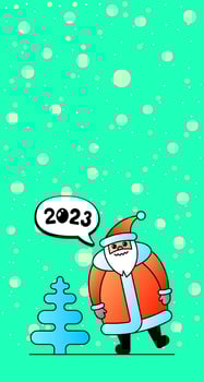 Cute cartoon funny kawaii Santa Claus character for Christmas and Happy New year 2023 celebration. Spruce and winter snow holiday greeting card for blogger story banner. Vector eps illustration