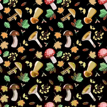 Seamless botanical pattern with mushrooms, ginkgo branches, acorns, maple and oak leaves vector