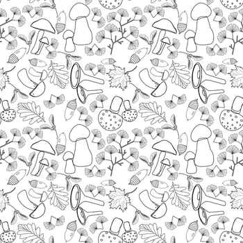 Seamless floral pattern with mushrooms and forest leaves in line art technique vector