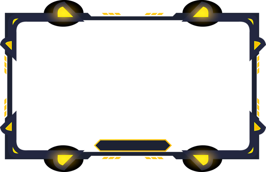Live streaming overlay image for gamers with dark screen panels. Futuristic stream overlay design with digital buttons. Gaming screen overlay PNG with abstract shapes and yellow color.
