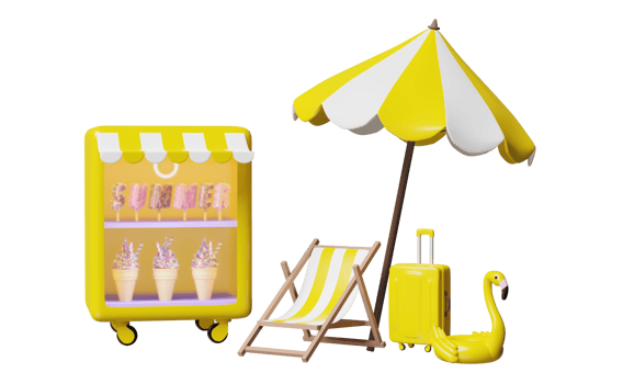 shop store with ice cream showcases or fridge, yellow suitcase, beach chair, Inflatable flamingo, umbrella isolated. 3d illustration or 3d render png