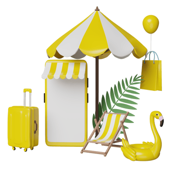 mobile phone or smartphone store front, yellow suitcase, beach chair, Inflatable flamingo, palm leaf, shopping paper bags, umbrella, online shopping summer sale concept, 3d illustration or 3d render png