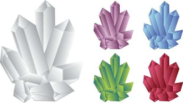 Group of colorful crystals. Gray, green, Purple, light Blue and red gems are isolated on a white background. vector