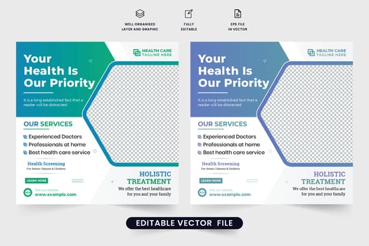 Special medical treatment social media post with blue and green colors. Clinical healthcare promotional template design with medical facilities. Hospital doctor treatment advertising poster vector. vector