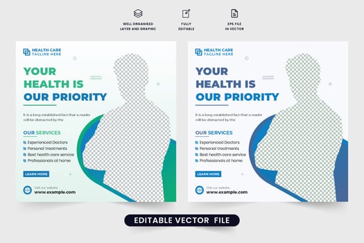 Medical treatment facilities web banner design with green and blue colors. Healthcare service promotional poster design with geometric shapes. Hospital health care service template for marketing. vector