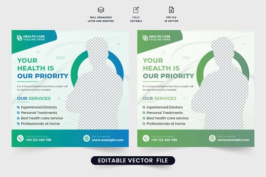 Medical social media post vector with photo placeholders. Hospital healthcare service poster design for digital marketing. Healthcare service advertisement template vector with green and blue colors.