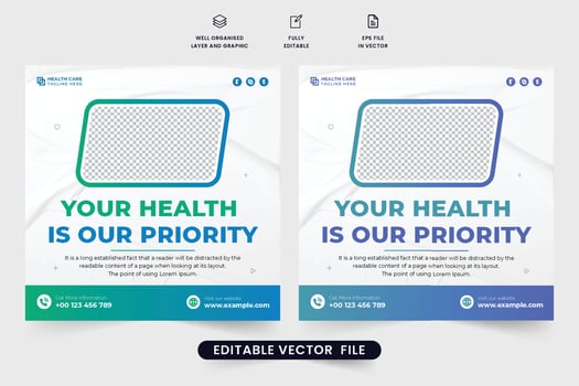 Creative medical service social media post vector with green and blue colors. Special hospital treatment advertisement poster design for marketing. Healthcare service promotional template vector.