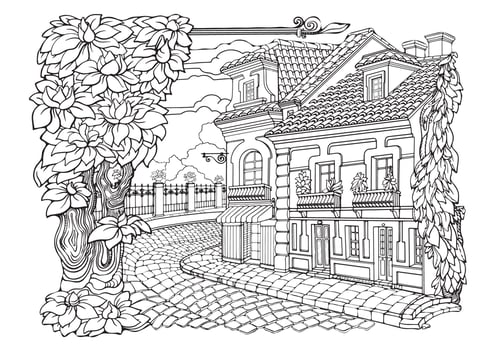 Romantic old town. Coloring Pages. Anti-stress colouring page. Vector. vector