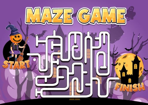Maze game template in Halloween theme for kids vector
