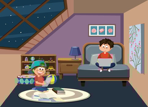 Kids learning online at home vector