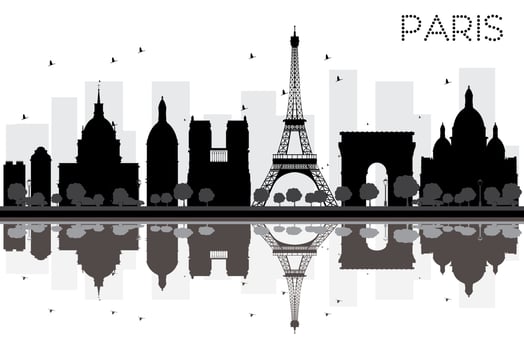 Paris City skyline black and white silhouette with reflections. vector