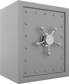 Retro safe with wheel handles. Gray close storage. PNG icon on transparent background. 3D rendering.