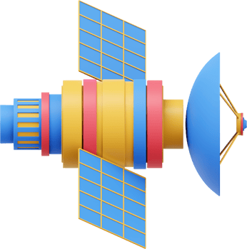 Space satellite with an antenna. Orbital communication station intelligence, research. 3D rendering. Multicolored PNG icon on transparent background.