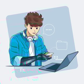 Ultramodern Concept. Confident young boy using cell phone by bionic prosthetic arm vector illustration pro download