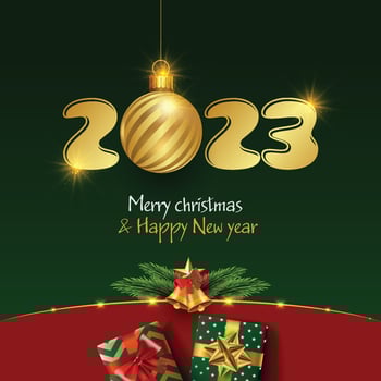 Merry Christmas and Happy New Year 2023. festive realistic decoration. Celebrate party 2023 vector
