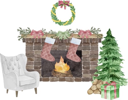 Watercolor illustration of red brick classic fireplace with socks, decor, christmas tree, candle, balls gifts, wreath. Happy new year decoration. Merry christmas holiday. vector
